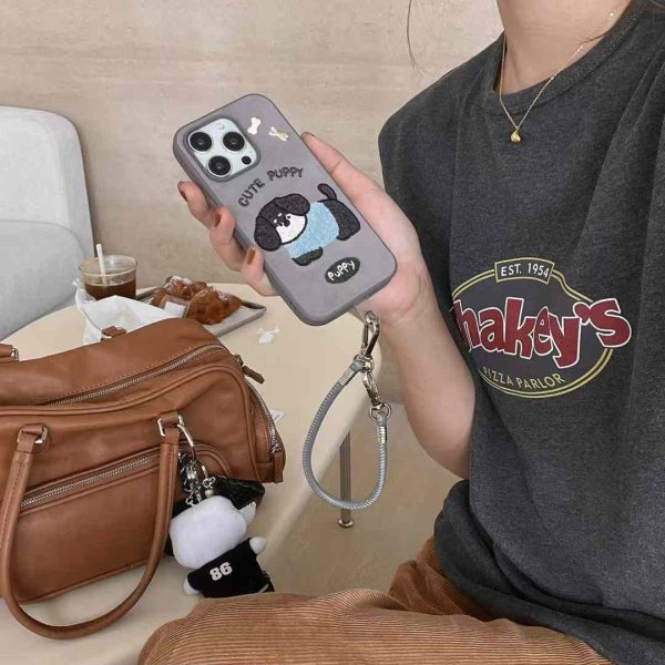 Cute Puppy Embroided iPhone Case With String Holder Online Sale