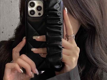 Quilted Leather Case for iPhone With Fluffy Holder ( Black ) Hot on Sale