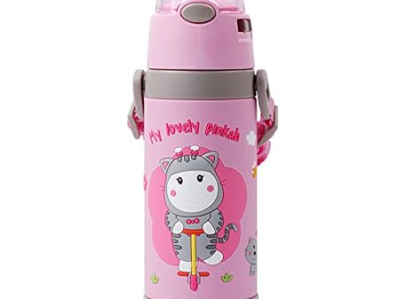 (PINKAH) 3D Cartoon Kids Bottle with Straw and Strap | Stainless Steel (500ML) - Pink Online Hot Sale