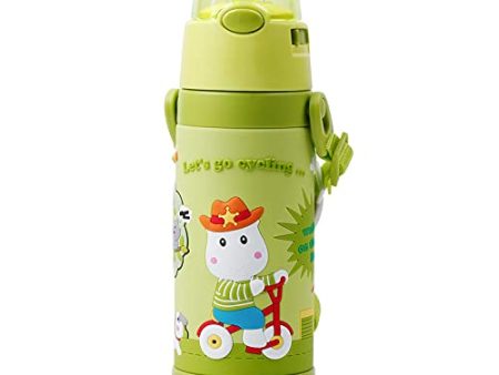 (PINKAH) 3D Cartoon Kids Bottle with Straw and Strap | Stainless Steel (500ML) - Olive Green For Sale