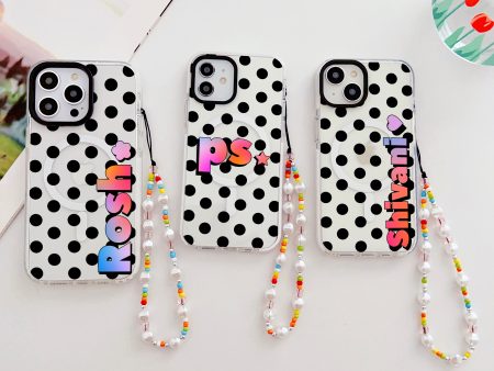 Designer Customised Name Polka Dots Silicon Impact Proof Phone Case With Beaded Charm For Sale