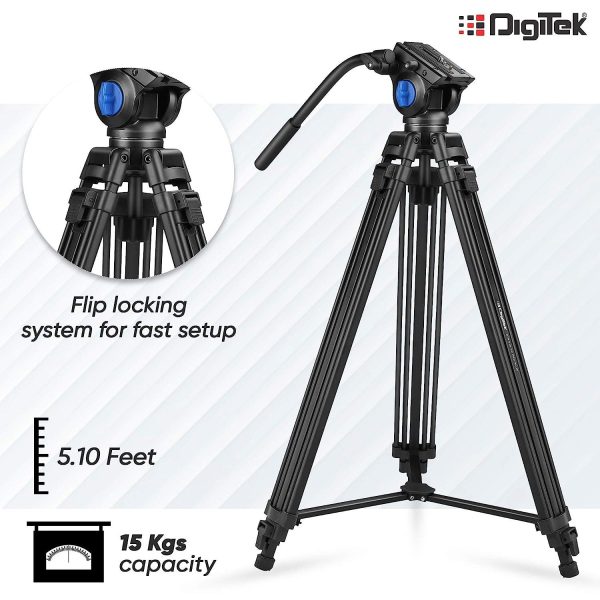 Digitek (DTR-510VD PRO PLUS, 70 Inch) Professional Video Aluminium Tripod with Multipurpose Head for Low Level Shooting, Panning for All DSLR Camera, Maximum Height 5.10 Feet, Load Capacity 15kgs (DTR-510VD PRO PLUS, 70 Inch) on Sale