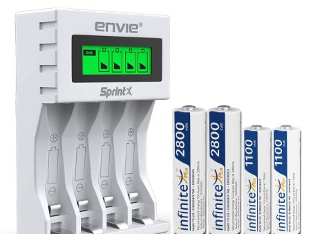 ENVIE (ECR11MC+2800+1100) SprintX Ultra Fast Rechargeable Batteries Charger for AA & AAA Ni-mh, with 2xAA2800 & 2AAA1100 Rechargeable Batteries, with Over Charge Protection Supply