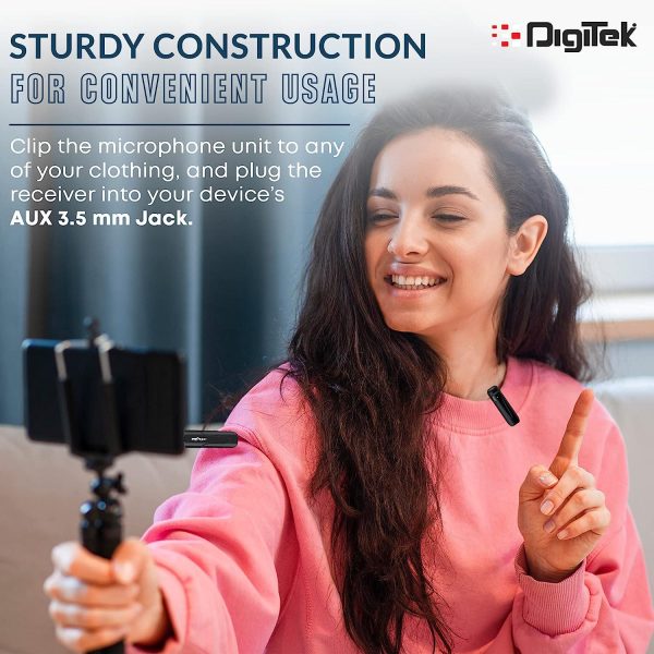 Digitek® (DWM-005) Wireless Microphone System with 3.5mm Aux Connector & Noise Cancellation, 10M Wireless Range, 4-Hour Working Time, Ideal for YouTube, Vlogs, Live Streaming, Video Shooting & More Online now