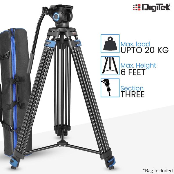 Digitek (DPTR 605 VD) (183 cm) Professional Heavy Duty Tripod, with 2 Way Adjustable Pan Head, for Digital Video Cameras, Maximum Operating Height: 6 Feet, Maximum Load Upto: 20 kgs (Black) Supply