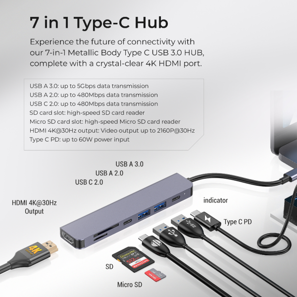 Digitek (DUH-007) 7 in 1 Type C USB HUB with 4K HDMI Port, 60W PD Type C Charging,1 x USB A 3.0 & 1x USB C 2.0 & 1x USB A 2.0 Port, Micro SD & SD Card Slo on Sale