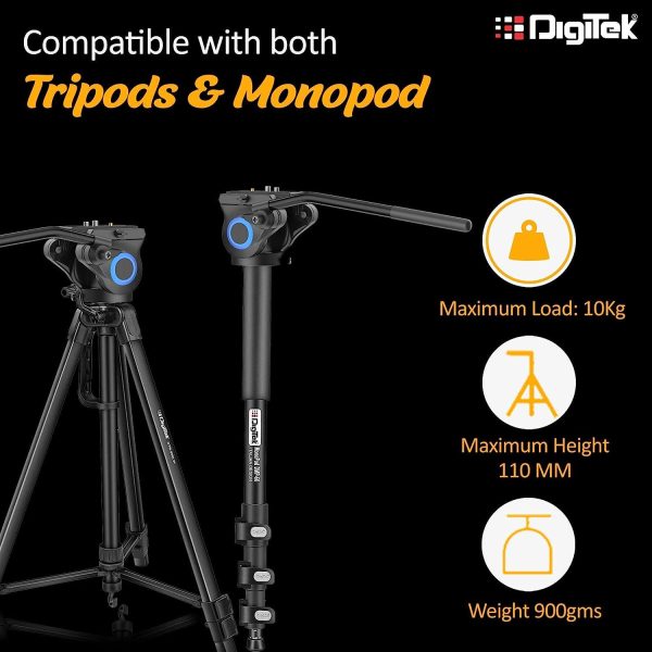 Digitek (DPVH 110) Professional Video Head | Fluid Head with 2 Way Adjustable Pan Head | Supports Multiple Tripods & Monopods (Load Capacity-10 Kgs) Online Sale